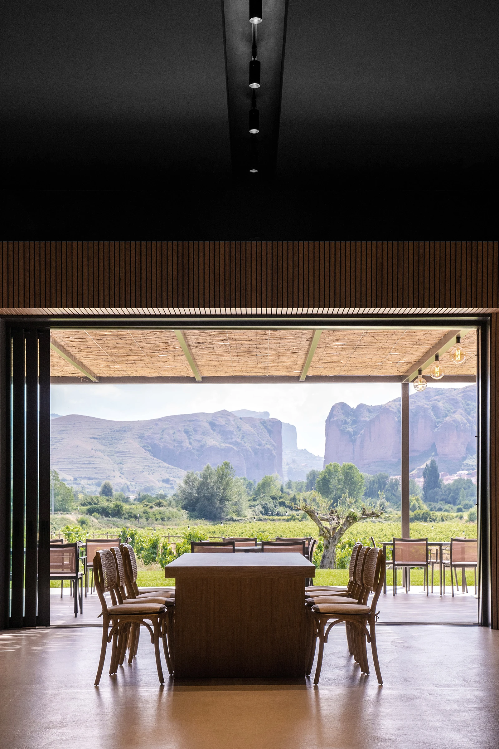 Winebar Vinos de Finca Palacios en Nalda, rodeado de viñedos y con los riscos de la Rioja como fondo
