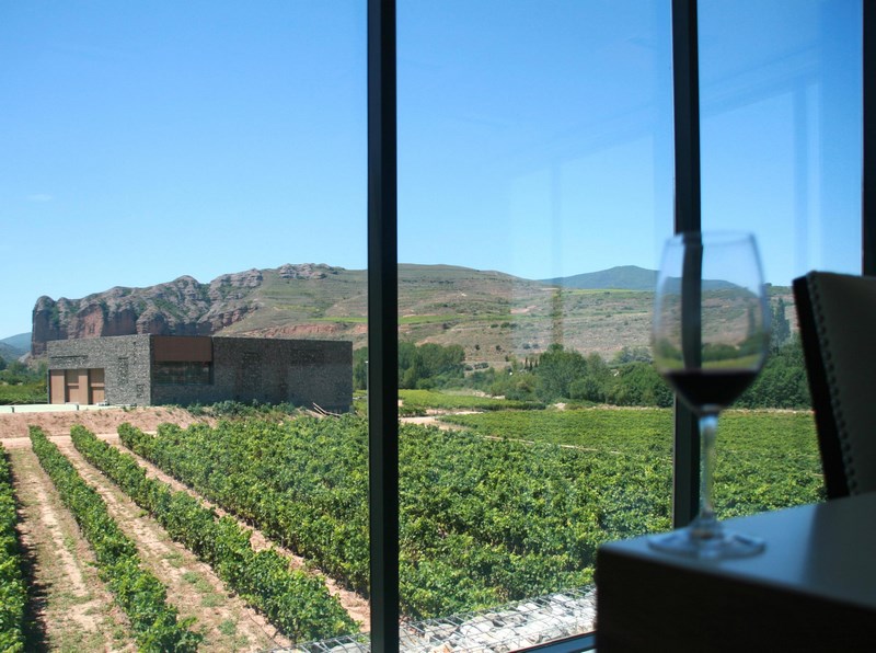Se muestra una copade vino sobre una mesa con la bodega al fondo
